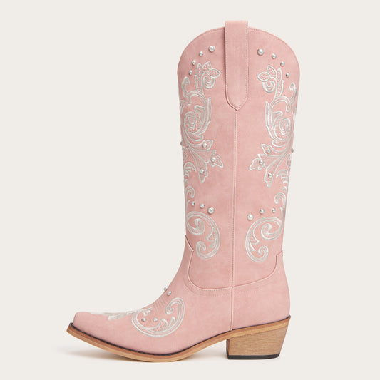 The Missie – Pink Embroidered Cowgirl Boots with Pearls and Elegant Western Flair