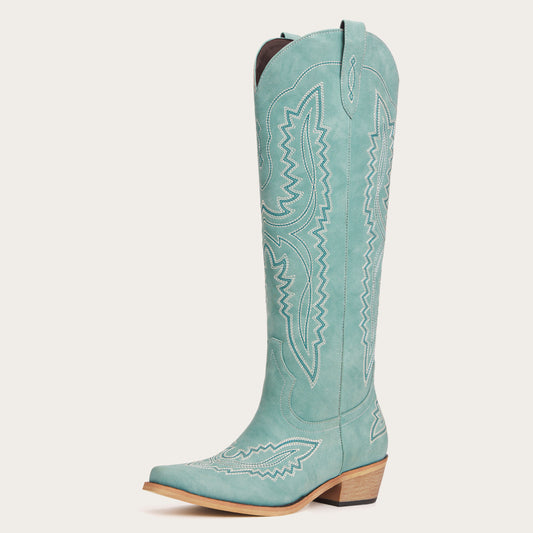 The Josie – Sage Green Tall Western Boots with White Embroidery