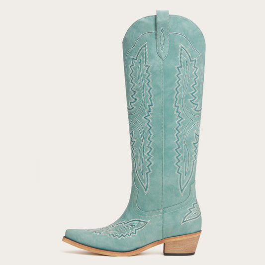 The Josie – Sage Green Tall Western Boots with White Embroidery