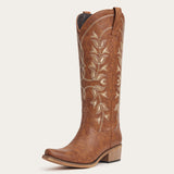 The Belle - Brown Cowgirl Boots Snip Toe with Blue Floral Embroidery