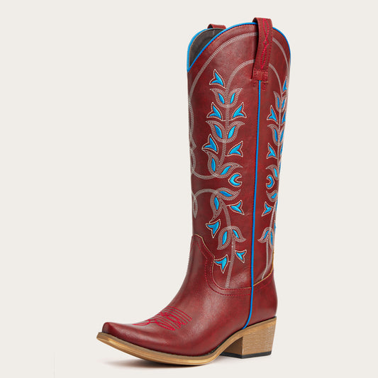 The Belle - Red Cowgirl Boots Snip Toe with Blue Floral Embroidery