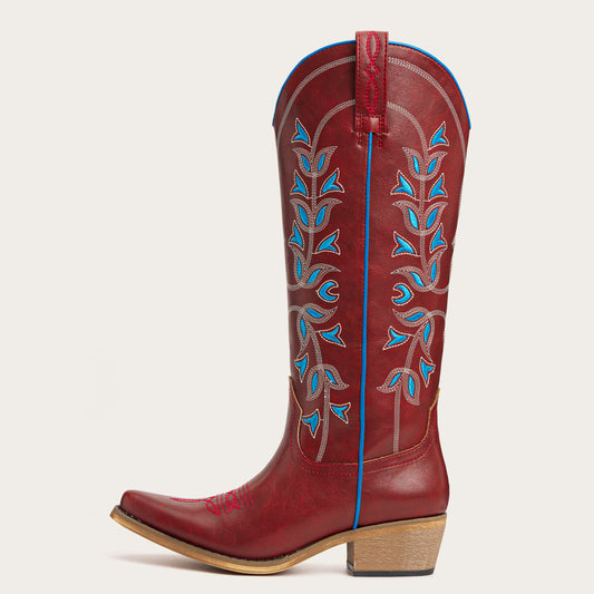 The Belle - Red Cowgirl Boots Snip Toe with Blue Floral Embroidery
