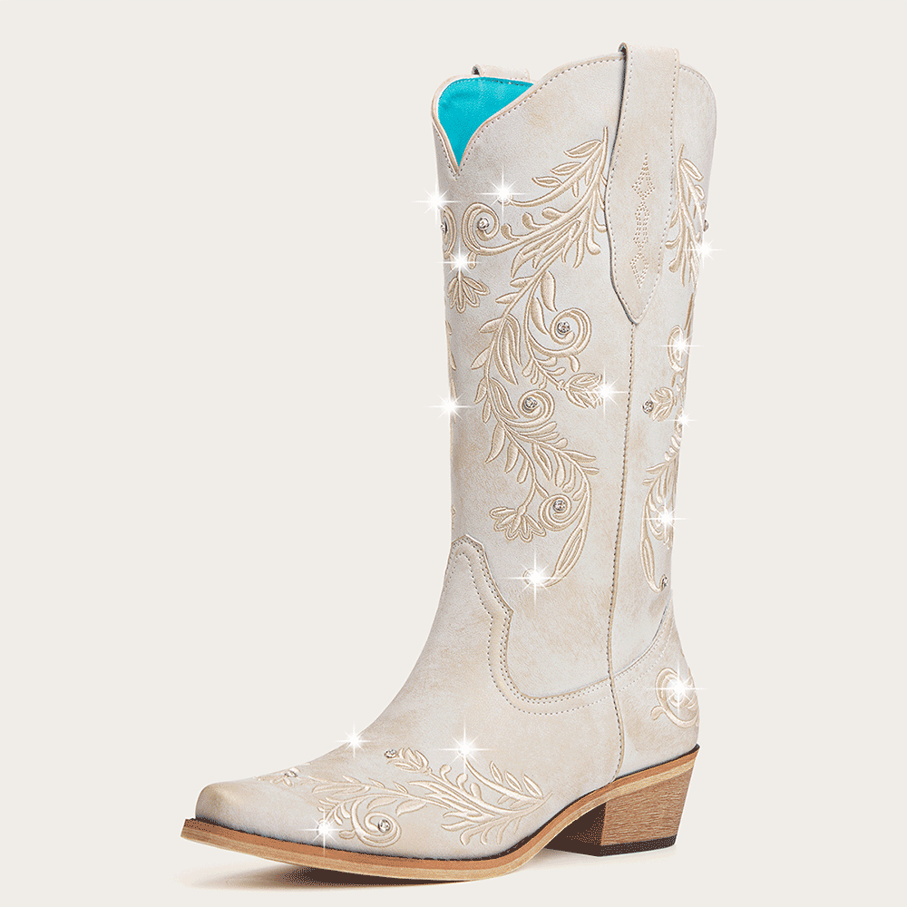 The Everly - Ivory Cowgirl Boots with Vine Embroidery and Crystal Accents
