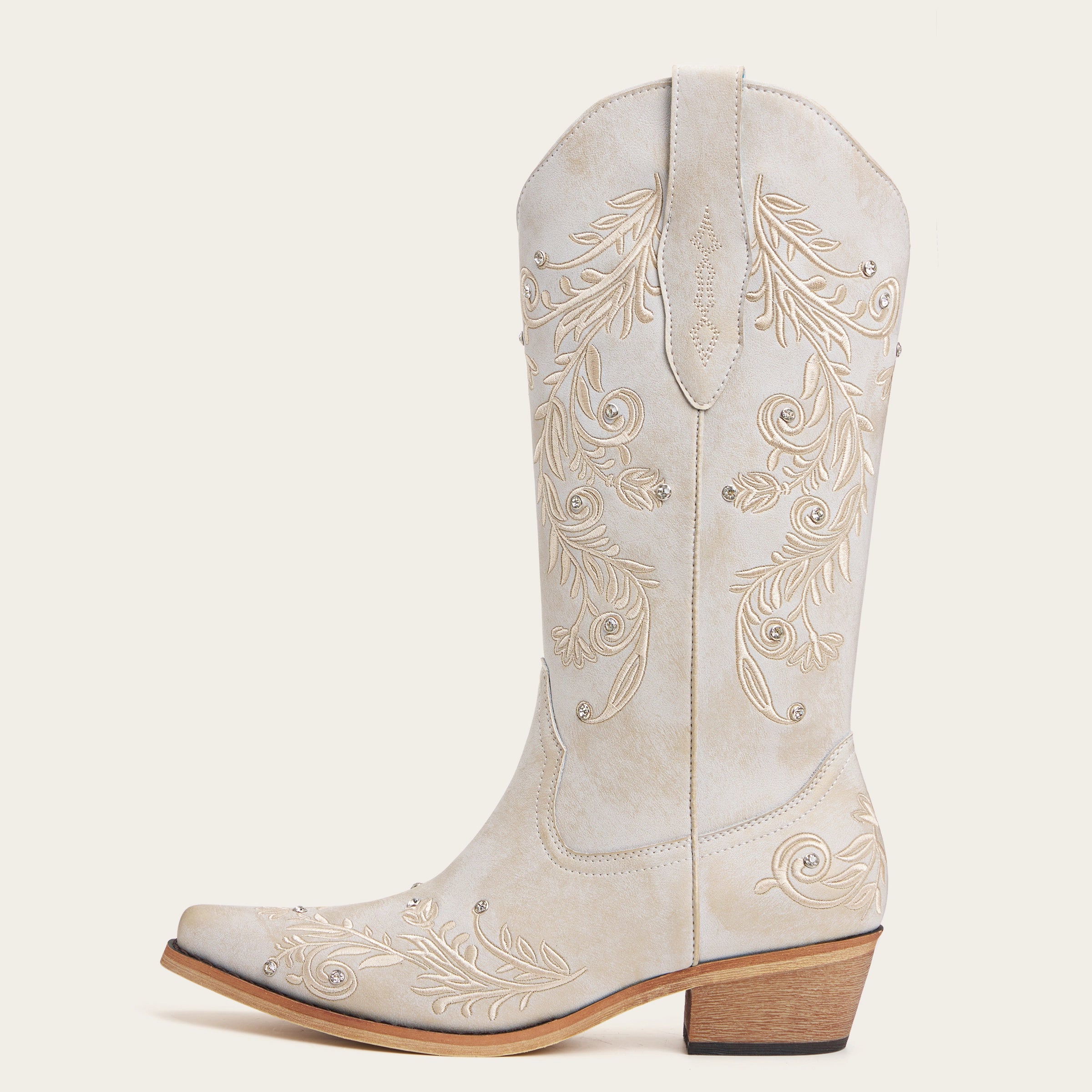 The Everly – Ivory Cowgirl Boots with Vine Embroidery and Crystal Accents