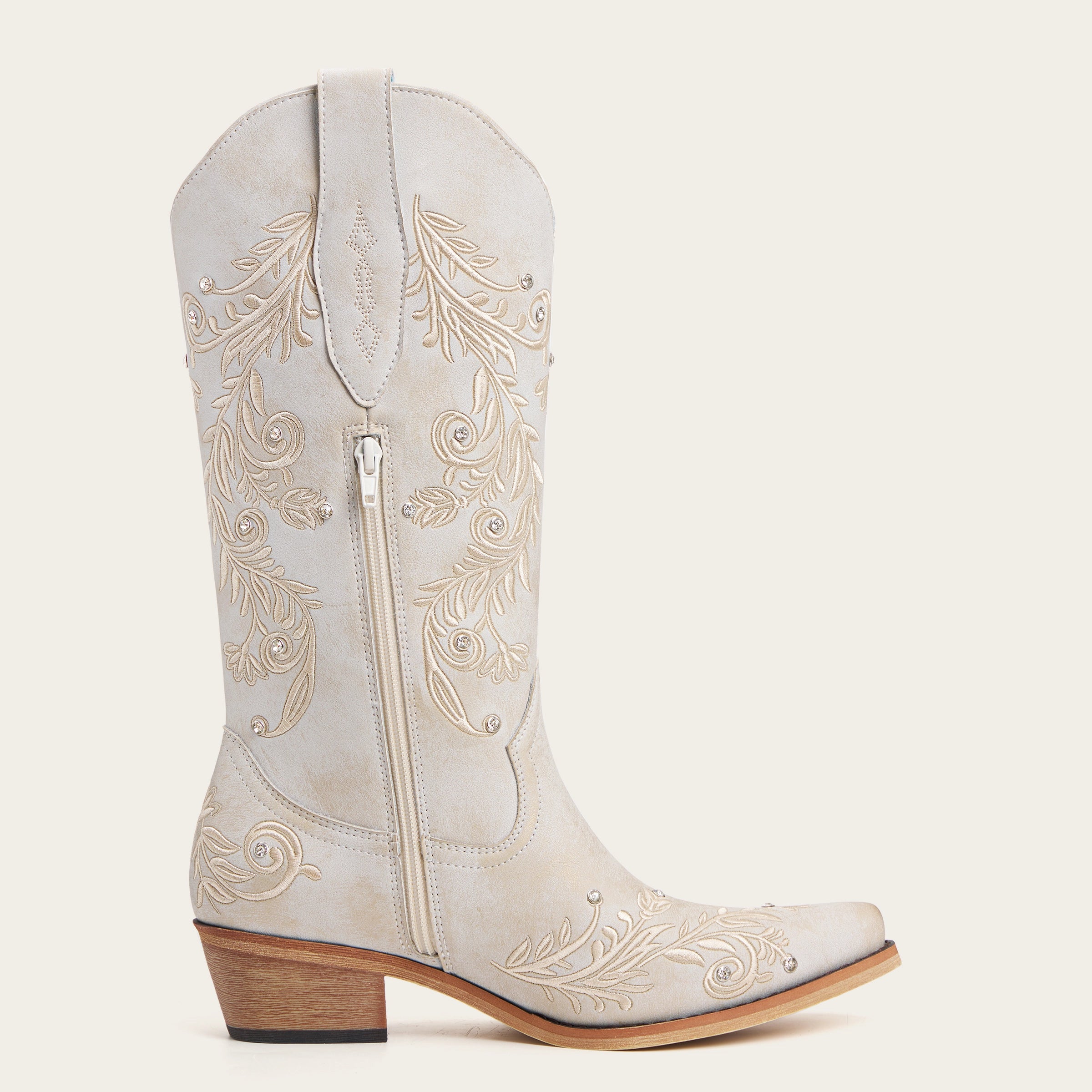 The Everly – Ivory Cowgirl Boots with Vine Embroidery and Crystal Accents