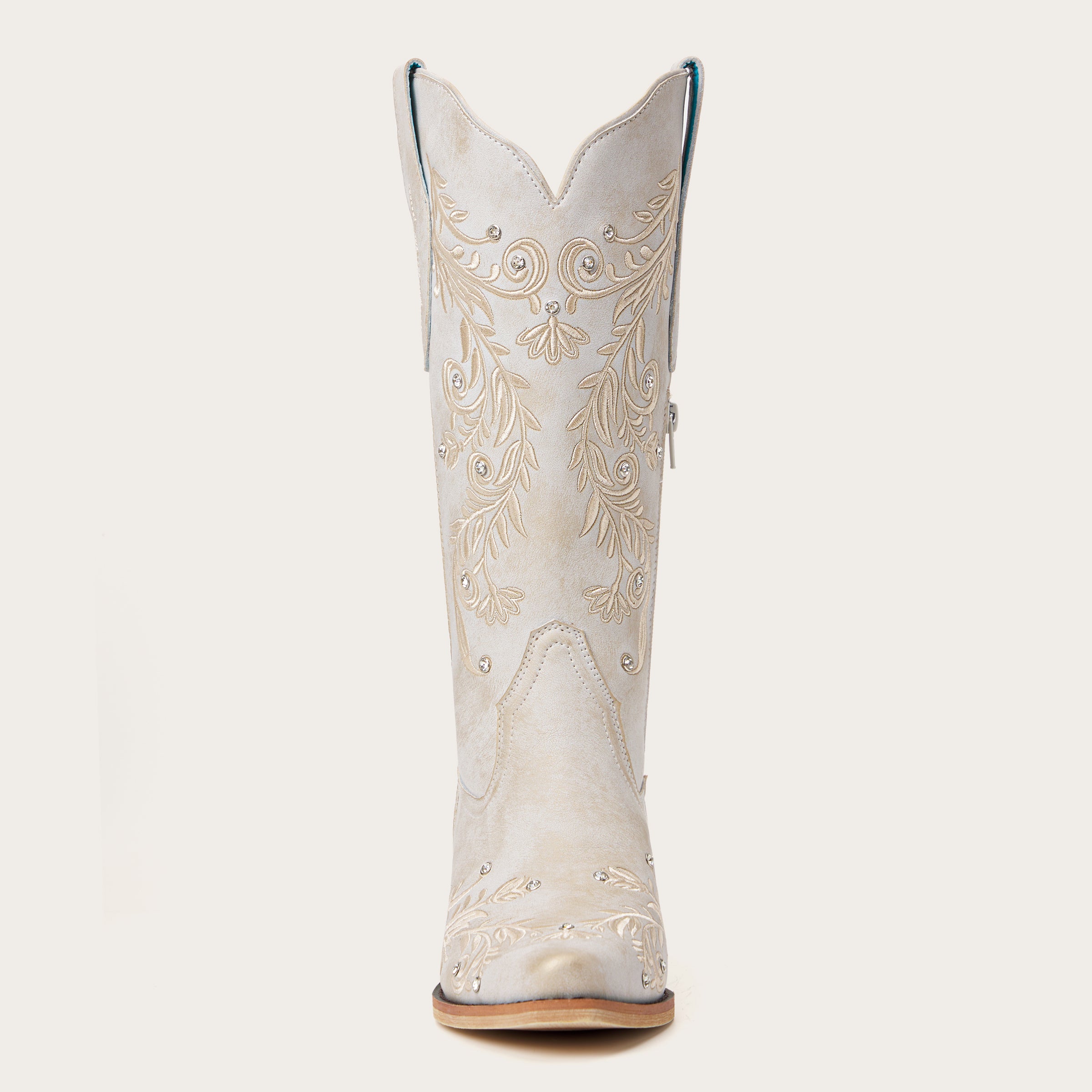 The Everly – Ivory Cowgirl Boots with Vine Embroidery and Crystal Accents