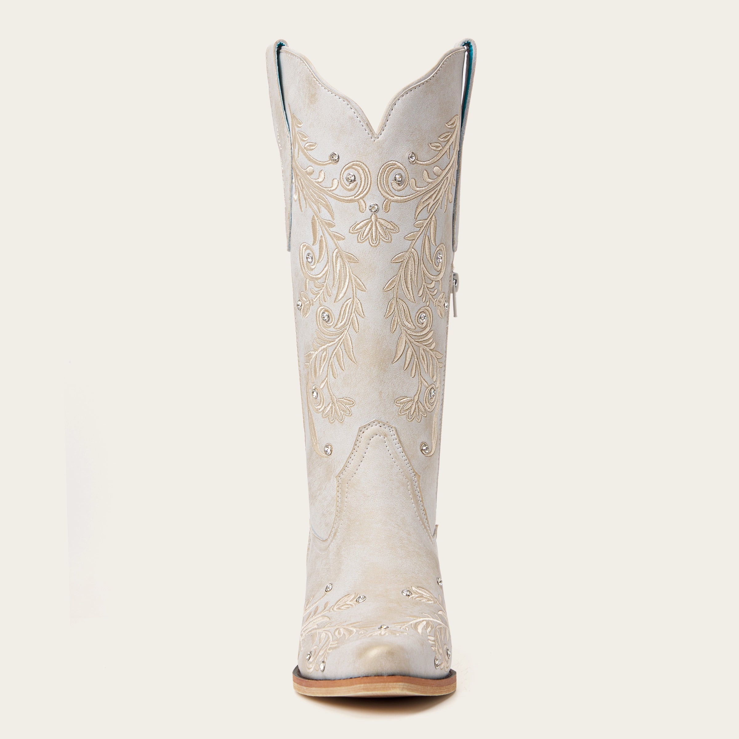 The Everly – Ivory Cowgirl Boots with Vine Embroidery and Crystal Accents