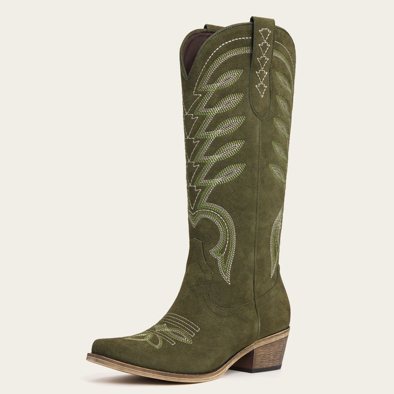The Mojave – Olive Green Suede Cowgirl Boots with Classic Western Stitching
