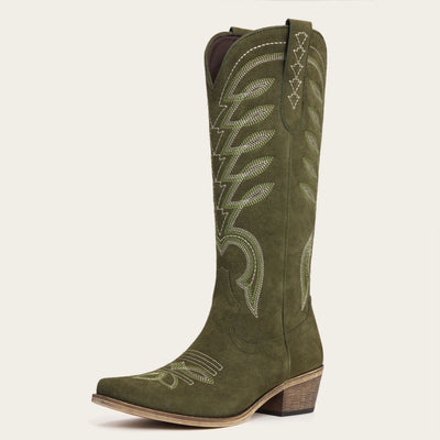 The Mojave - Olive Green Suede Cowgirl Boots with Classic Western Stitching