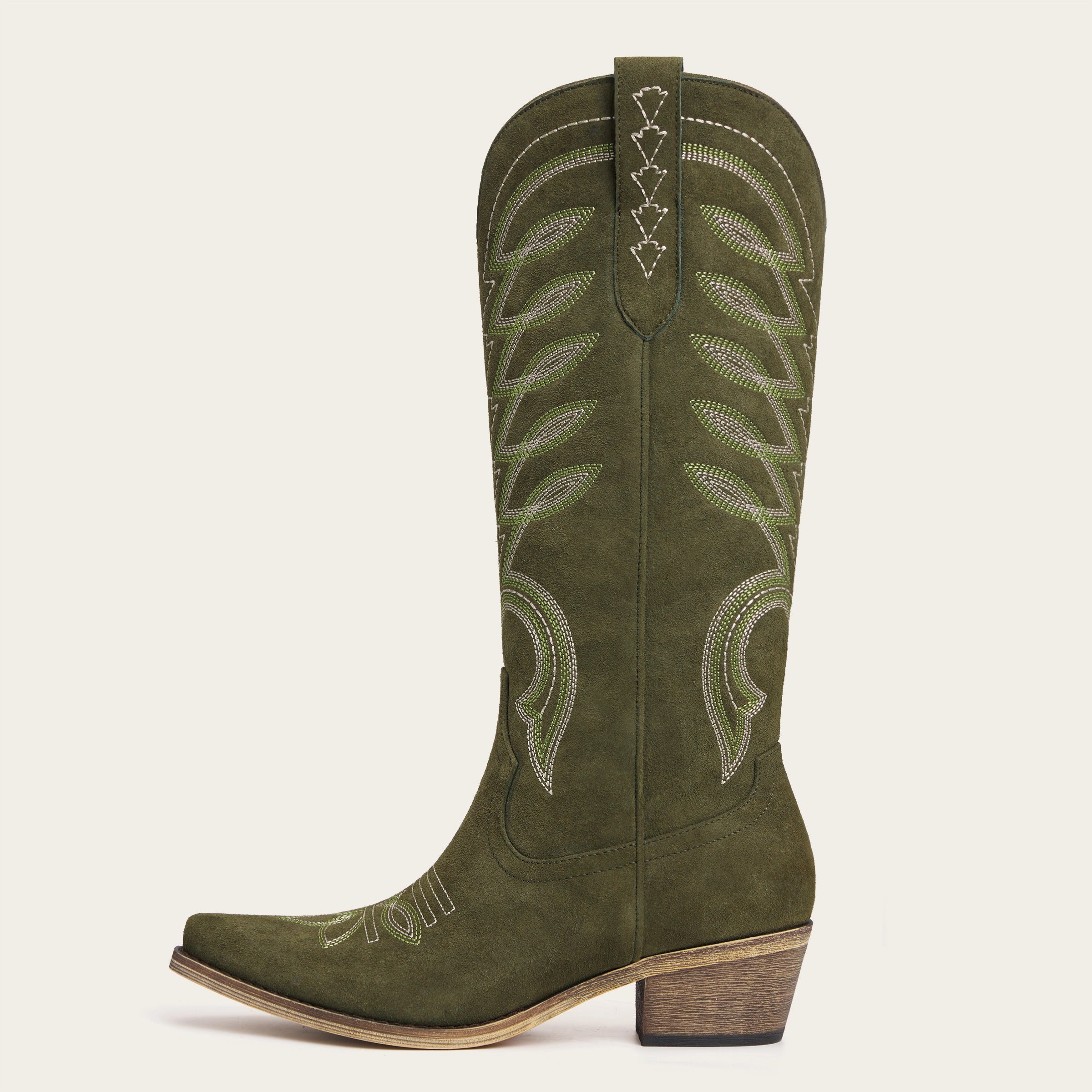 The Mojave – Olive Green Suede Cowgirl Boots with Classic Western Stitching