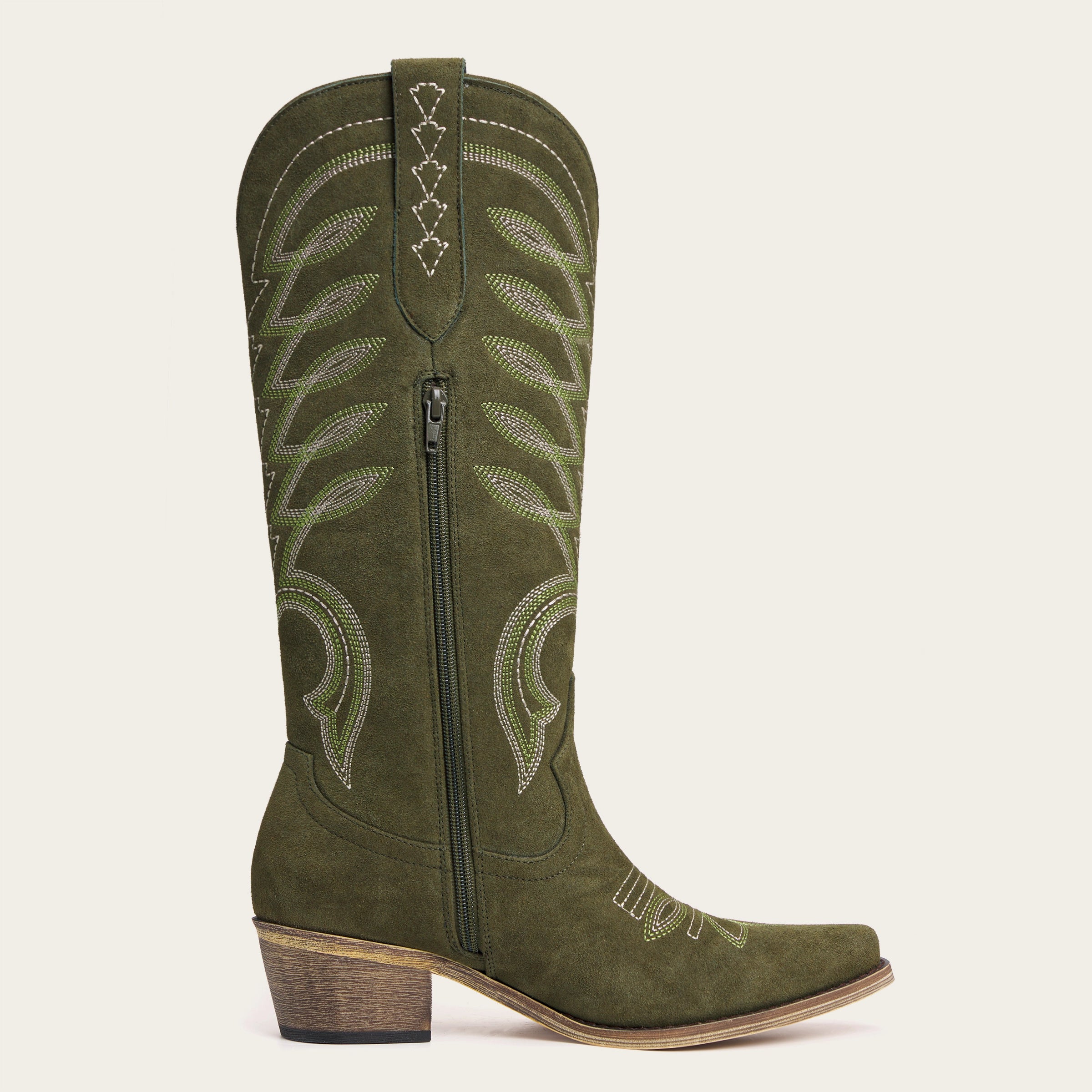 The Mojave – Olive Green Suede Cowgirl Boots with Classic Western Stitching