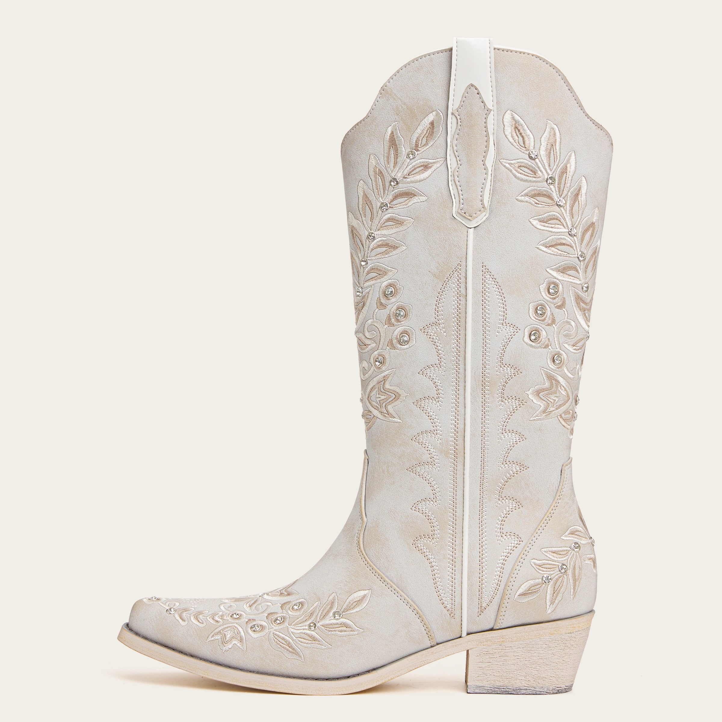 The Grace – Ivory Western Boots with Embroidered Floral and Rhinestone Accents