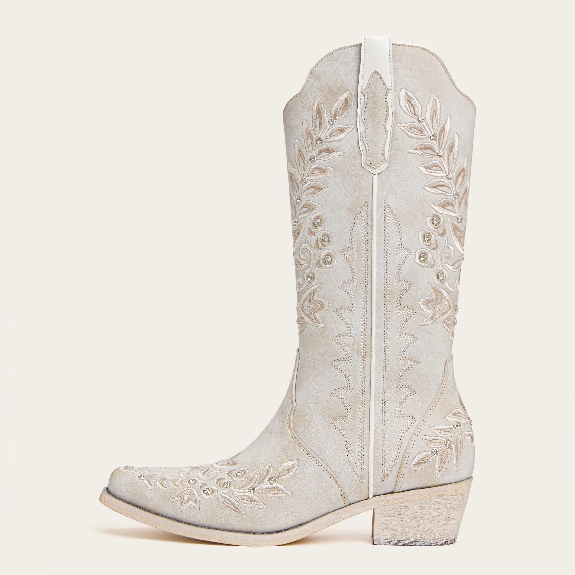 The Grace – Ivory Western Boots with Embroidered Floral and Rhinestone Accents