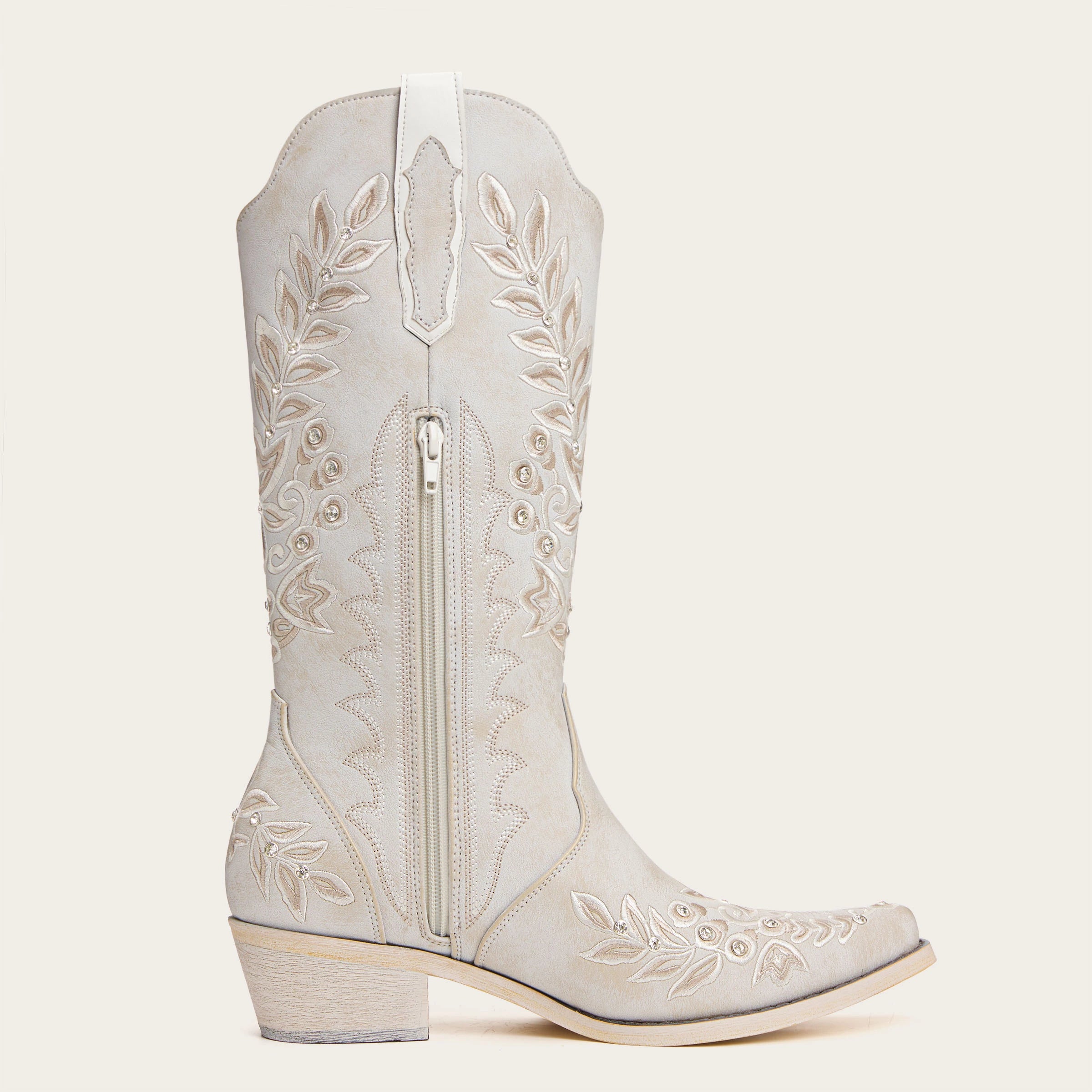 The Grace – Ivory Western Boots with Embroidered Floral and Rhinestone Accents