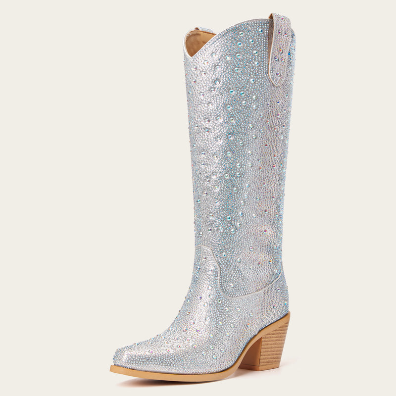The Stardust – Crystal-Covered Silver Tall Cowgirl Boots