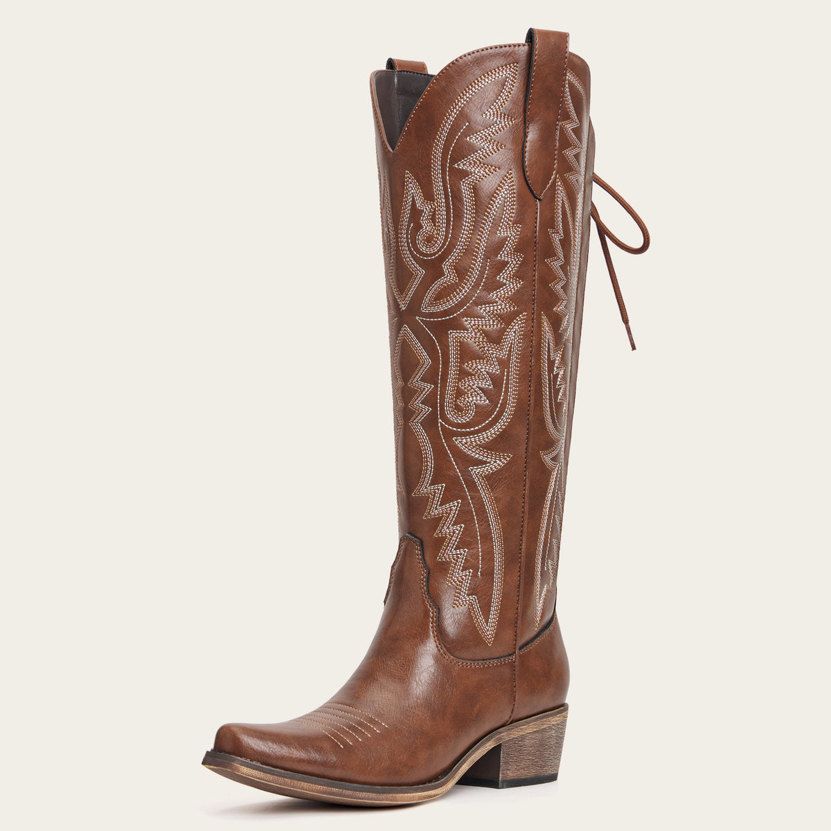 The Withersteen – Brown Tall Cowgirl Boots with Bold Embroidery and Lace-Up Back