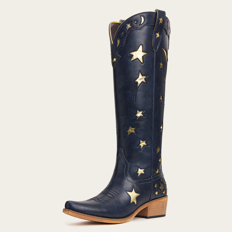The Celestial - Navy Star & Moon Cutout Snip Toe Cowgirl Boots with Side Zipper
