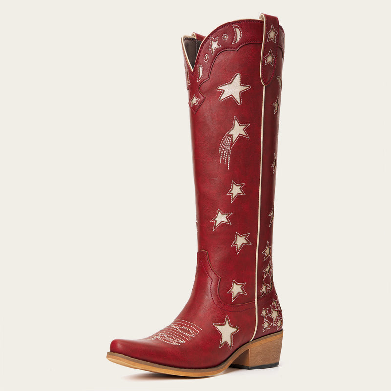 The Celestial - Fire Red Snip Toe Starry with Moon Cutout Tall Cowgirl Boots
