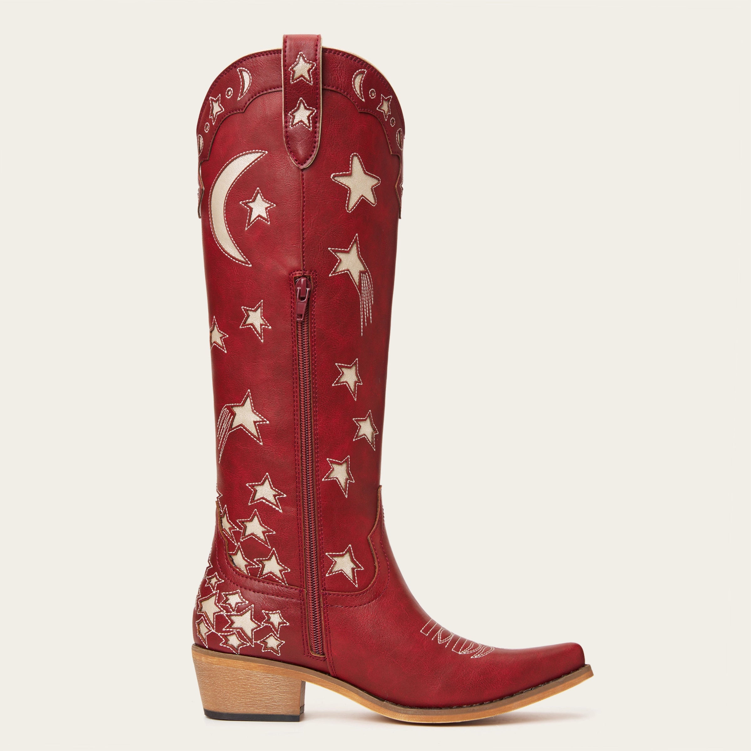 The Celestial - Fire Red Snip Toe Starry with Moon Cutout Tall Cowgirl Boots