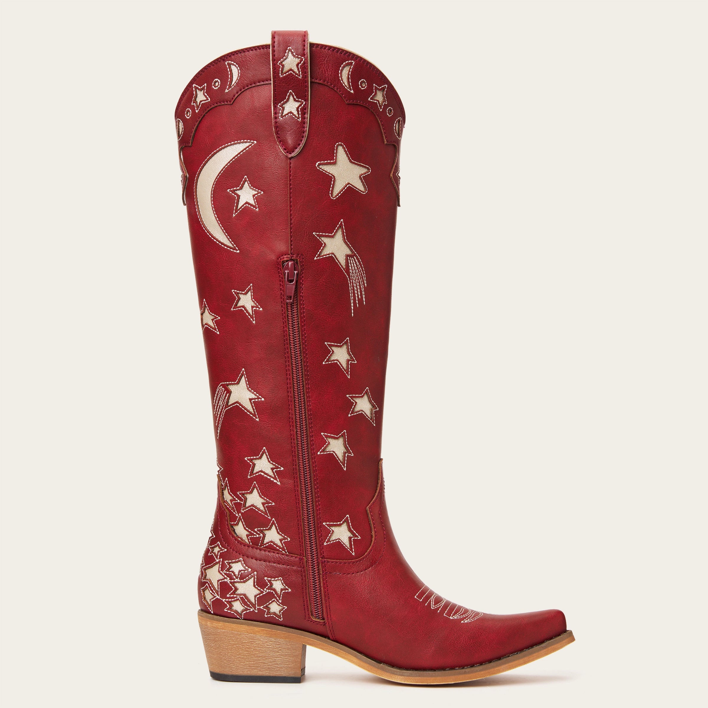 The Celestial – Fire Red Snip Toe Starry with Moon Cutout Tall Cowgirl Boots
