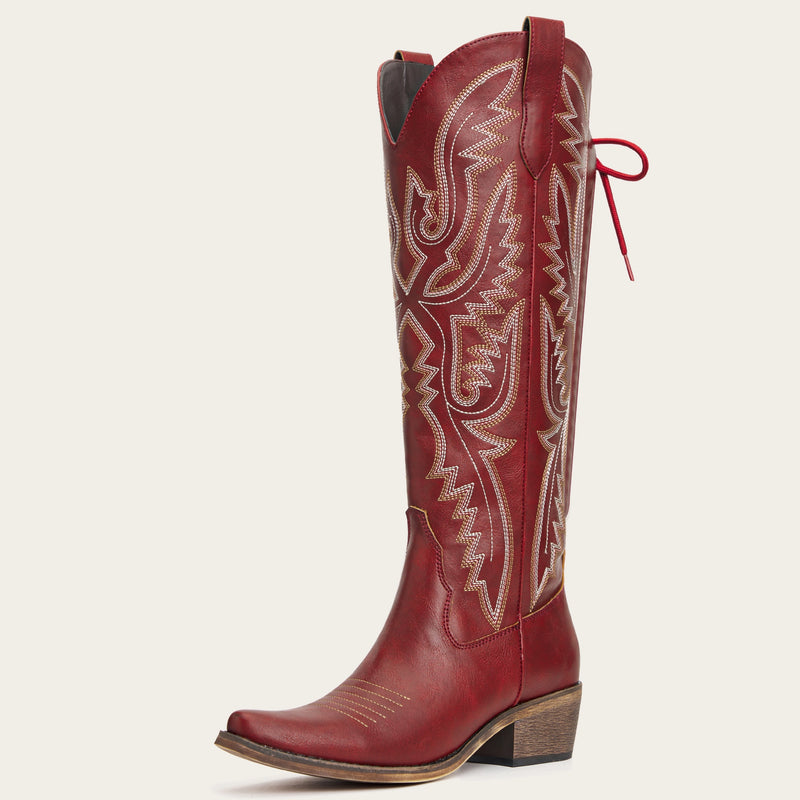 The Withersteen – Red Tall Cowgirl Boots with Bold Embroidery and Lace-Up Back