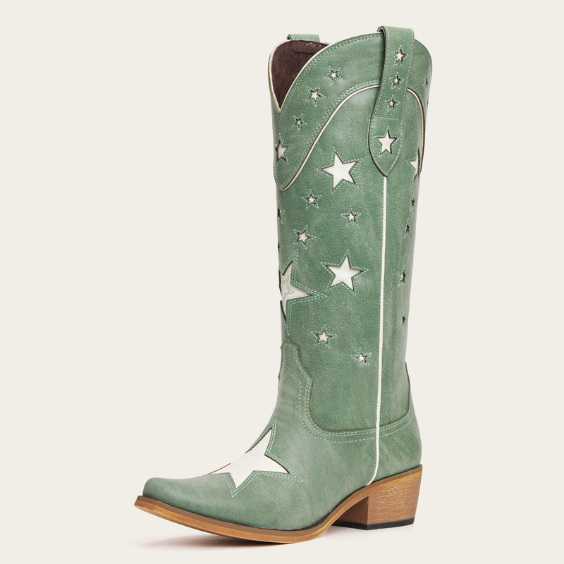 The Hensley - Celestial Green Starry Tall Cowgirl Boots with White Cutout