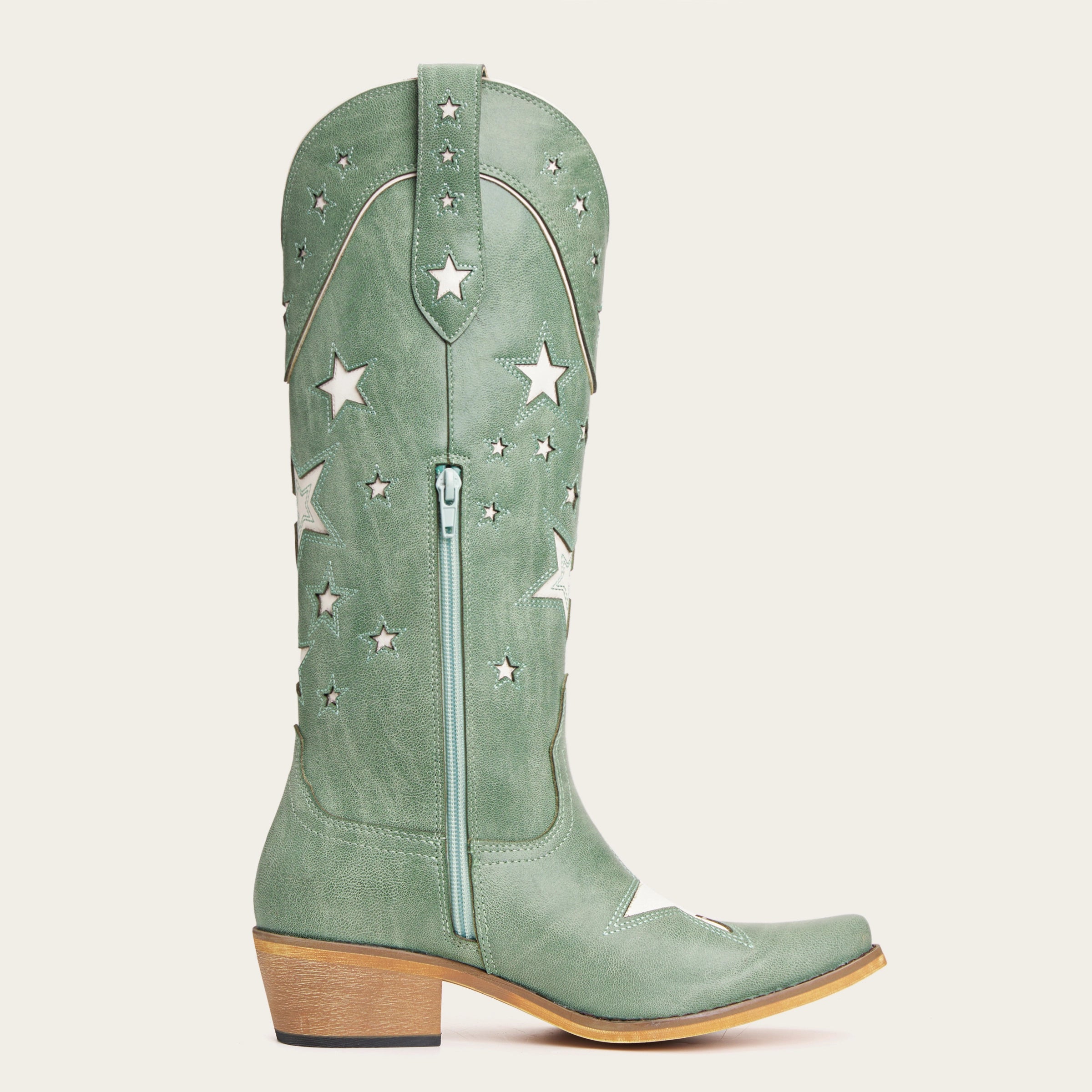 The Hensley - Celestial Green Starry Tall Cowgirl Boots with White Cutout