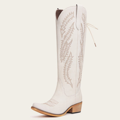 The Cattle - Ivory Tall Wide Calf Western Boots with Tonal Embroidery