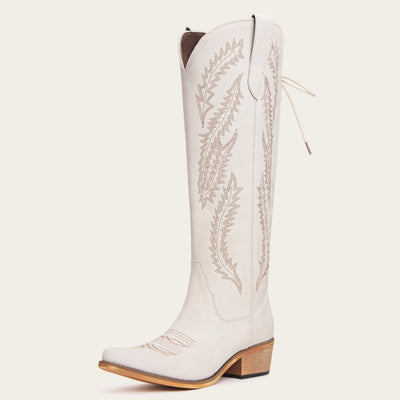 The Cattle - Ivory Tall Wide Calf Western Boots with Tonal Embroidery