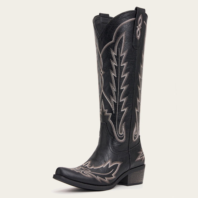 The Rosemary - Black Classic Tall Cowgirl Boots with Embroidery