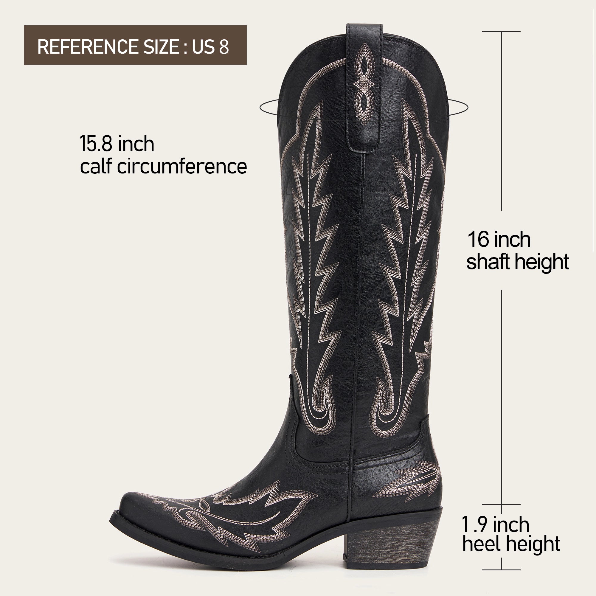 The Rosemary - Black Embroidered Tall Western Cowgirl Boots with Side Zipper