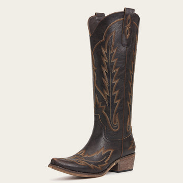 The Rosemary - Dark Brown Embroidered Tall Western Cowgirl Boots with Side Zipper