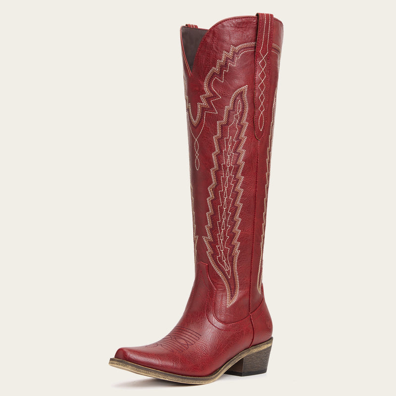 The Crimson Fire – Red Wide Calf Over-the-knee Cowgirl Boots with Fire Embroidery
