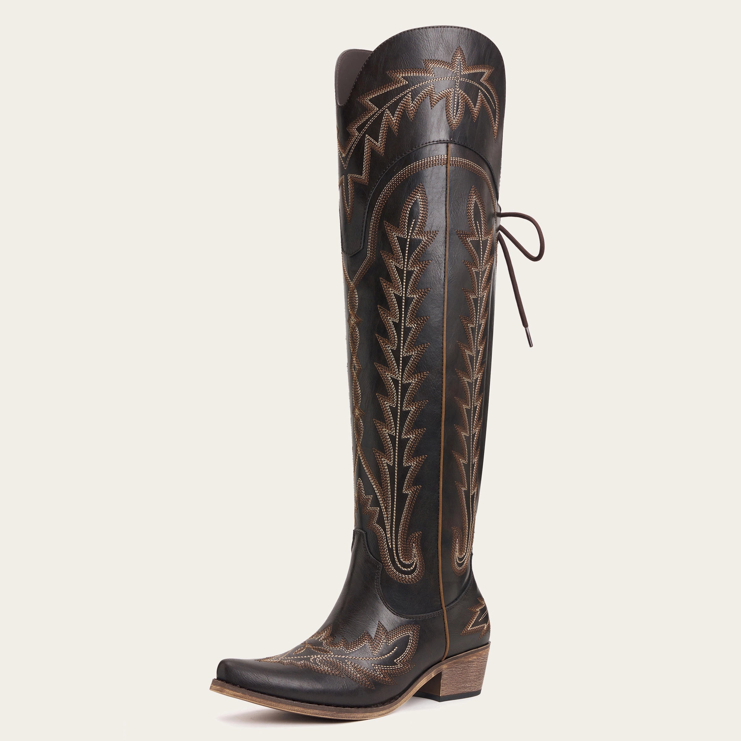 The Ross - Espresso Over-the-Knee Cowgirl Boots with Back Tie & Embroidery