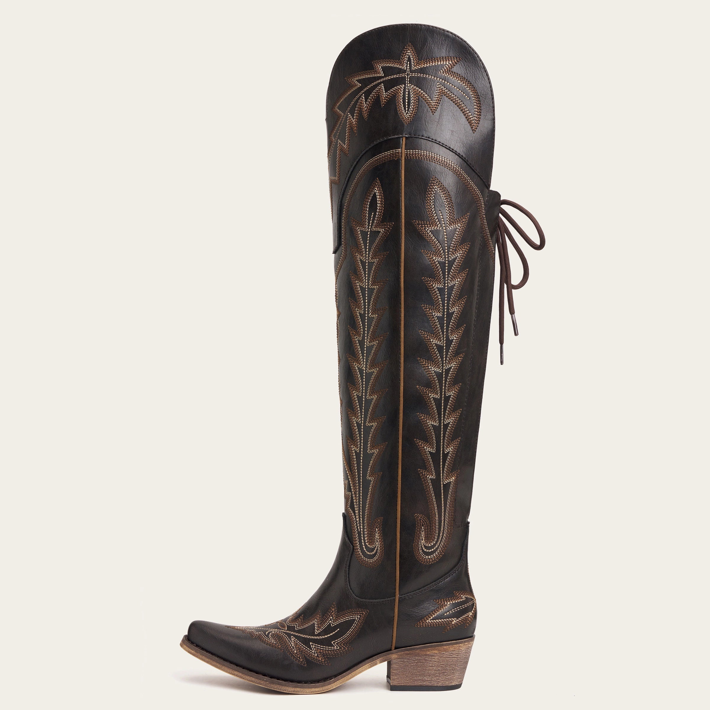 The Ross - Espresso Over-the-Knee Cowgirl Boots with Back Tie & Embroidery