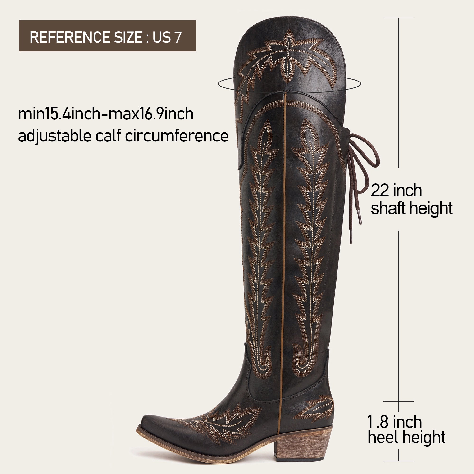 The Ross - Espresso Over-the-Knee Wide Calf Cowgirl Boots with Back Tie & Embroidery