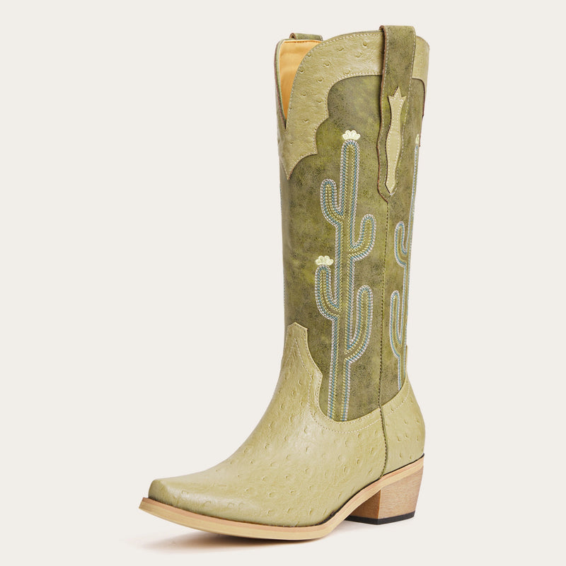 The Saguaro: Two-Tone Green Boots with Cactus Embroidery & Faux Ostrich