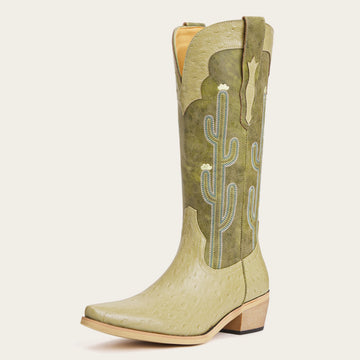 The Saguaro - Two Tone Green Boots with Cactus Embroidery & Faux Ostrich