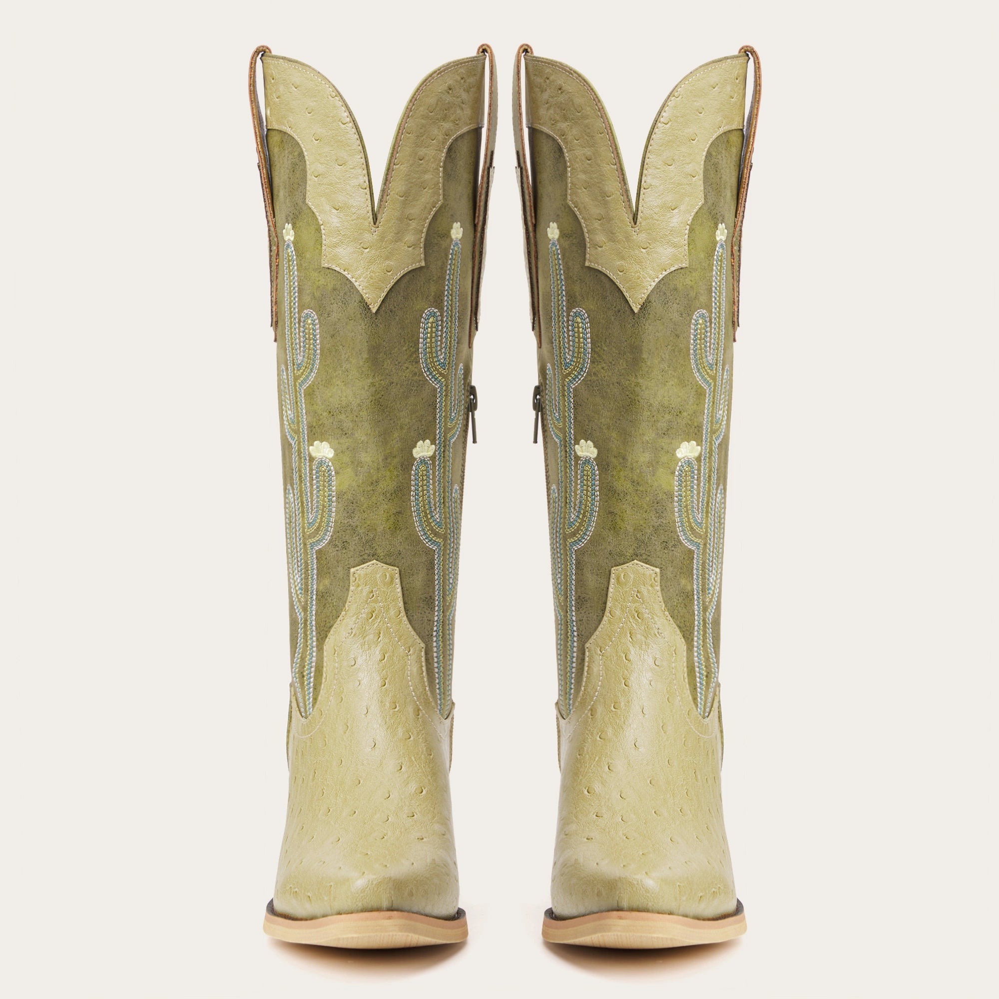 The Saguaro: Two-Tone Green Boots with Cactus Embroidery & Faux Ostrich