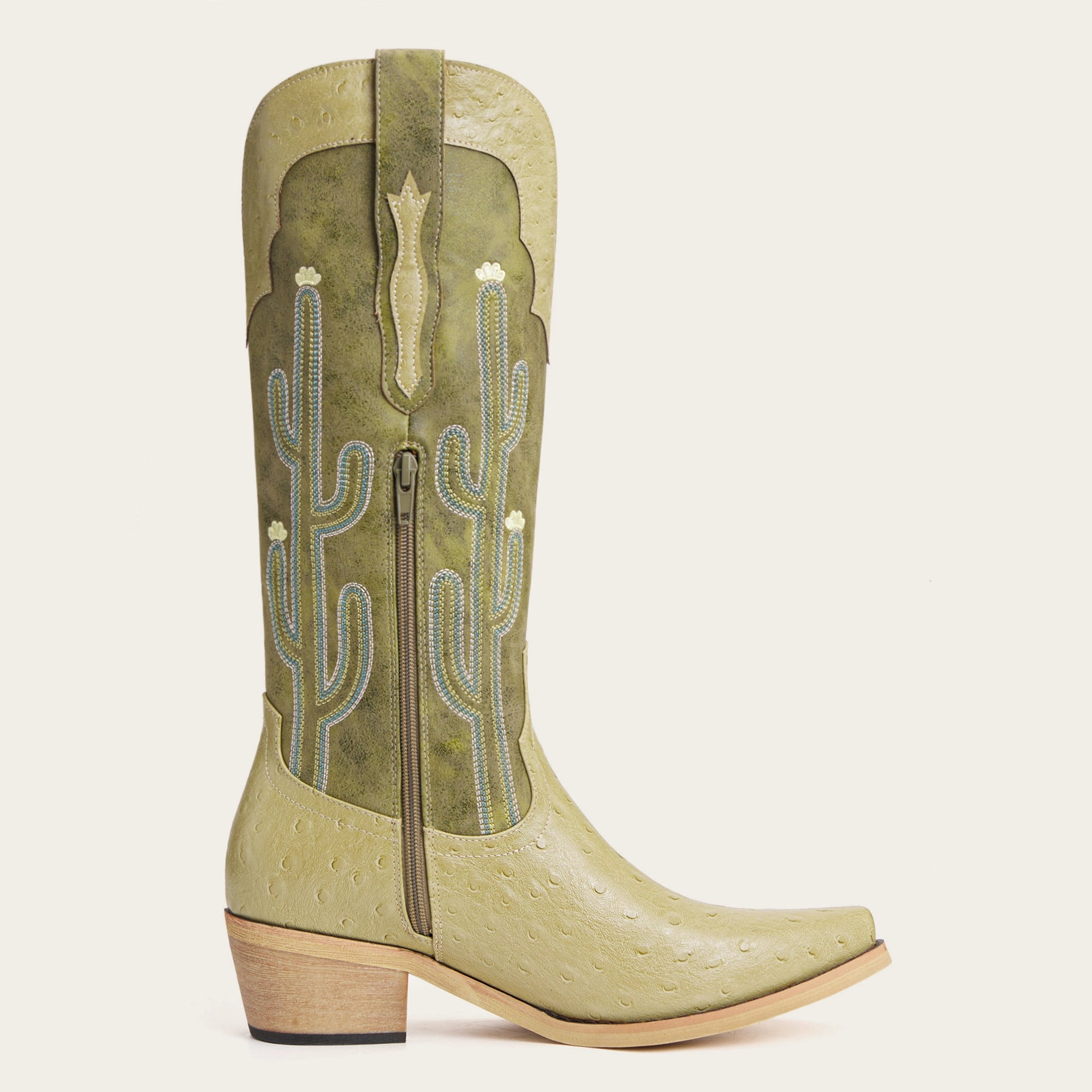 The Saguaro - Two Tone Green Boots with Cactus Embroidery & Faux Ostrich