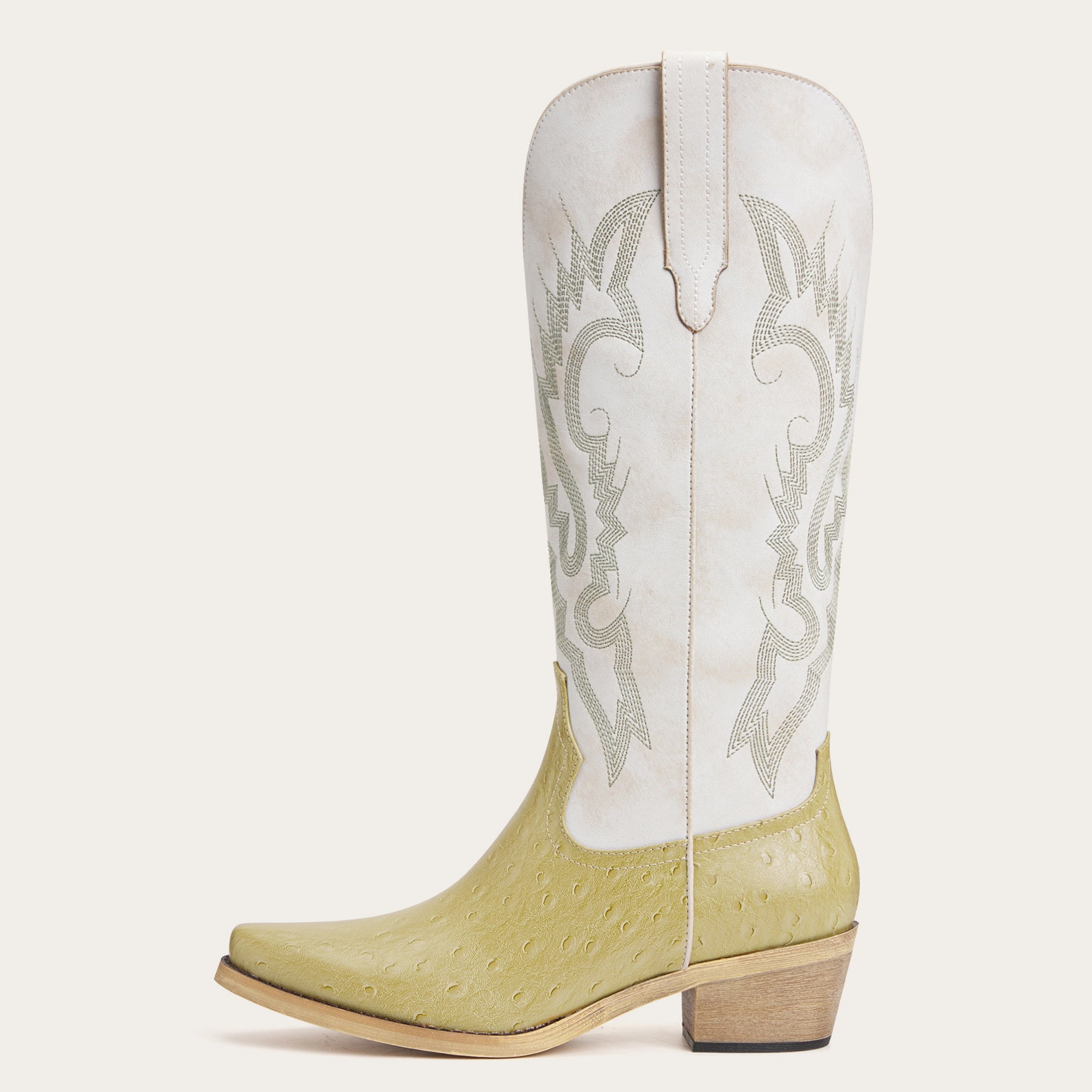 The Phoenix - Two-Tone Cowgirl Boots in Lime Faux Ostrich & Distressed White