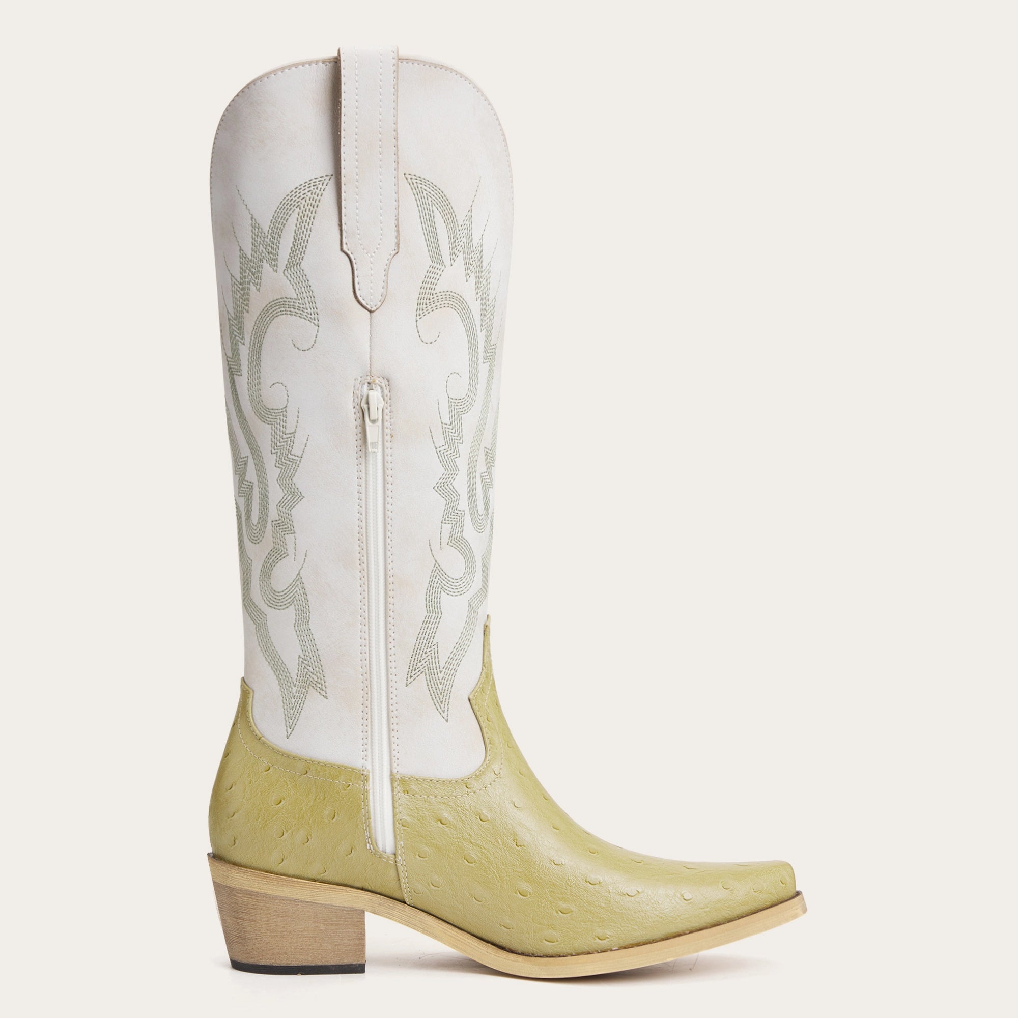 The Phoenix - Two Tone Cowgirl Boots in Lime Faux Ostrich & Distressed White