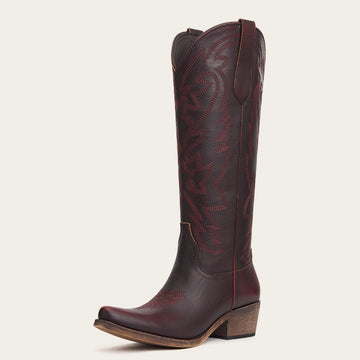 The Molly Wood - Mahogany Embroidered Tall Western Cowgirl Boots with Side Zipper
