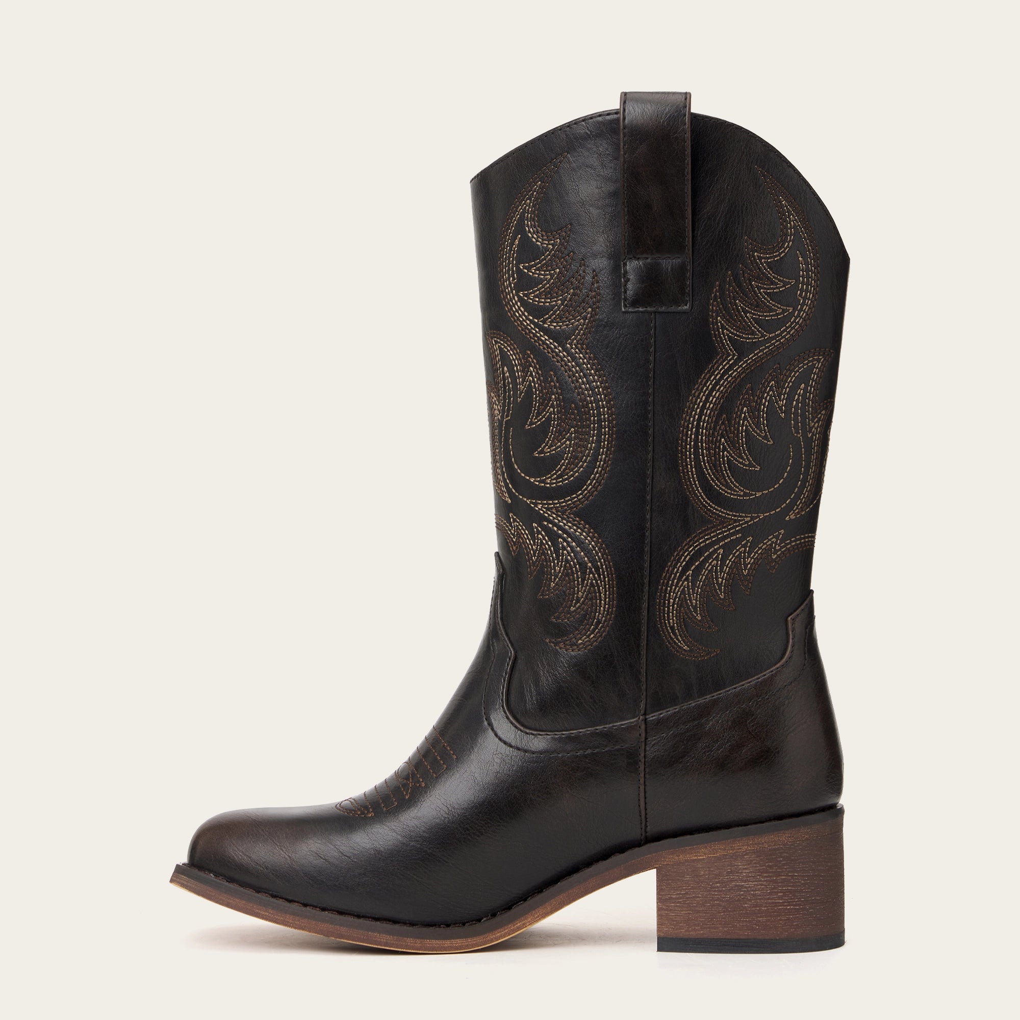 The Bronco - Black Square Toe Embroidered Mid-calf Cowgirl Boots