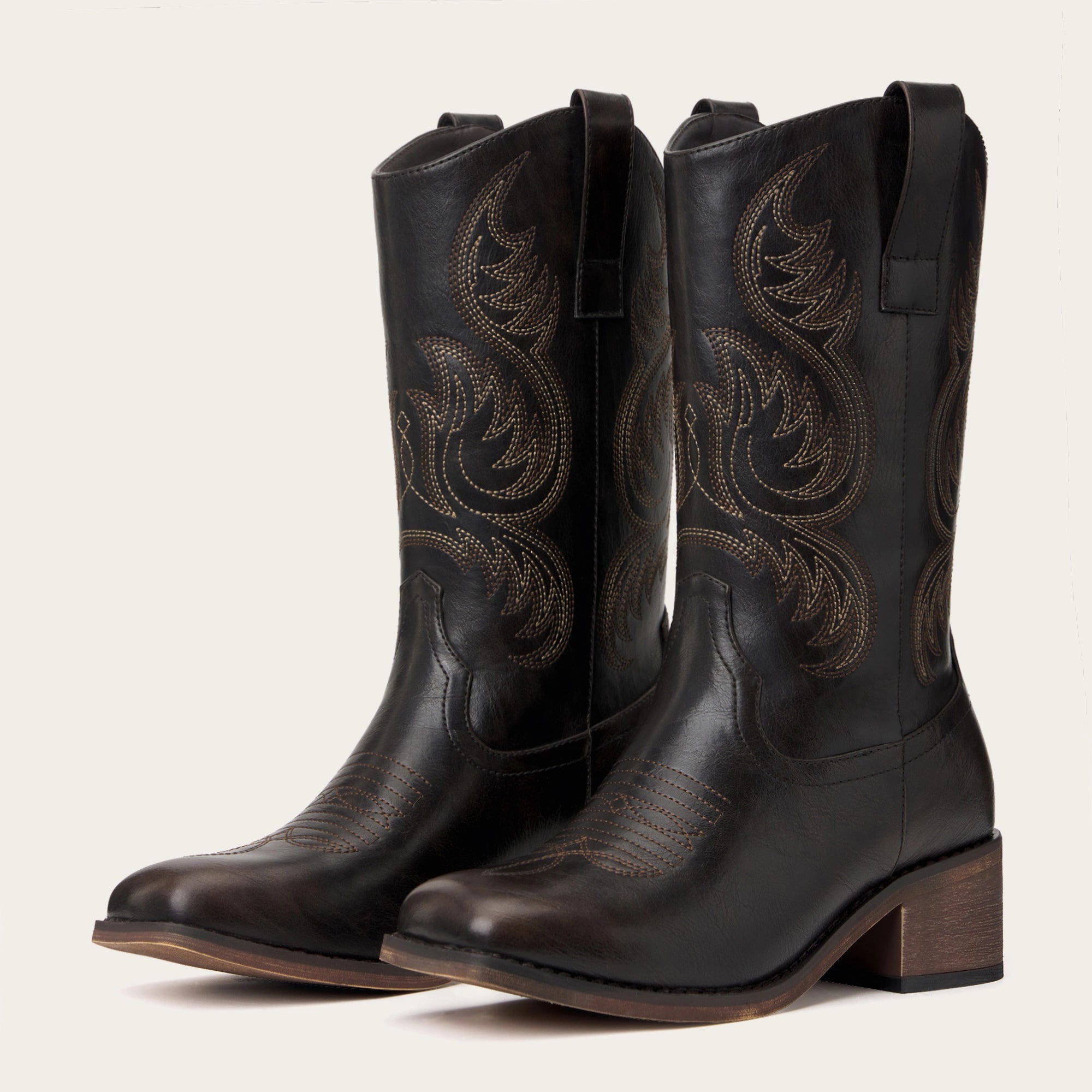 The Bronco - Black Square Toe Short Cowgirl Boots with Western Embroidery