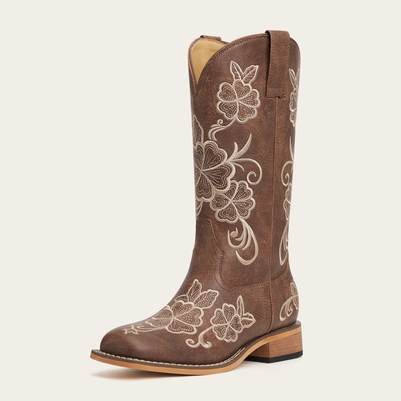 The Lucky Charm - Brown Boots with Five-Leaf Clover Embroidery & Square Toe