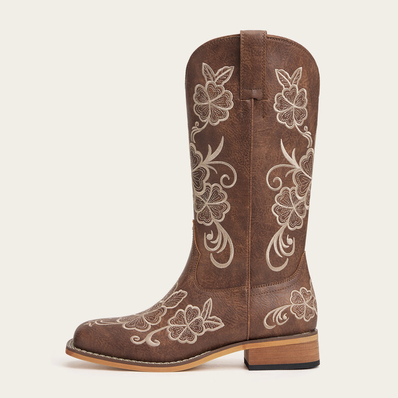 The Lucky Charm - Brown Boots with Five-Leaf Clover Embroidery & Square Toe