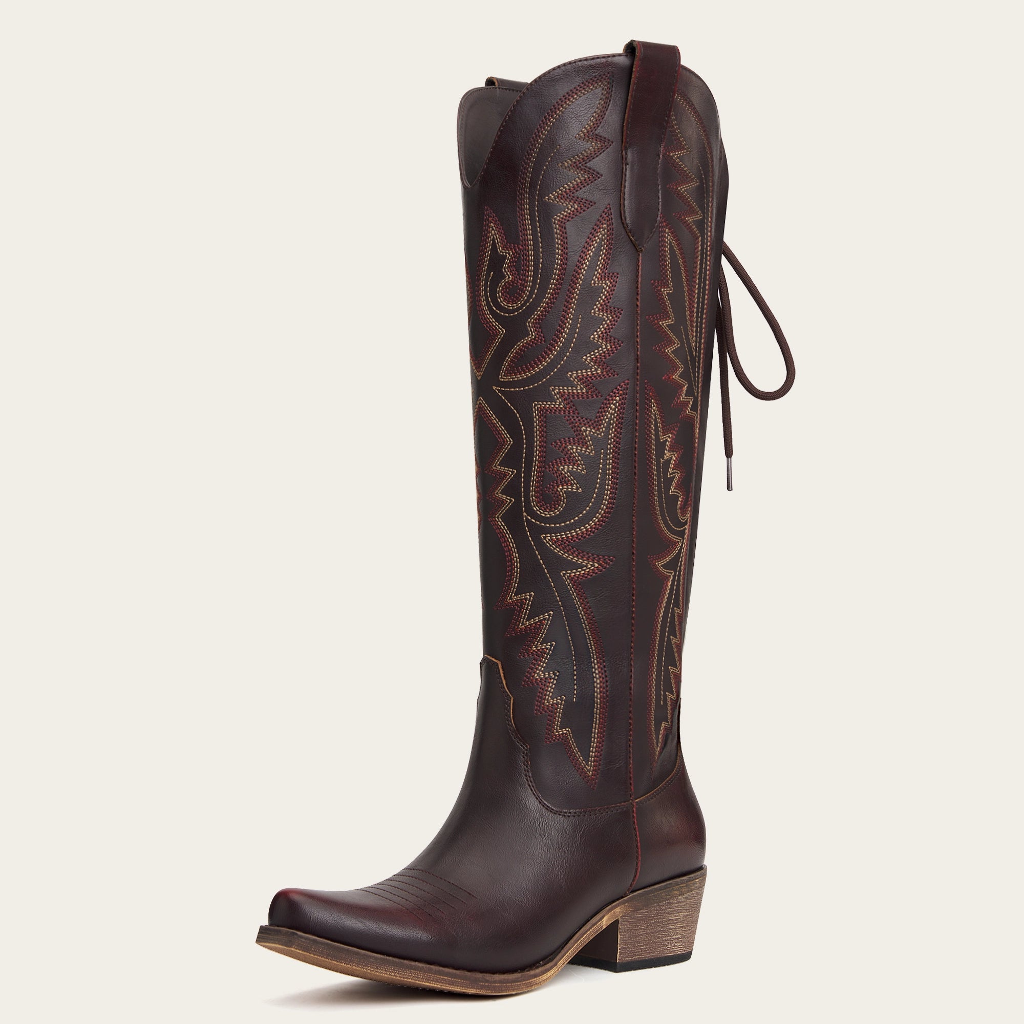 The Withersteen – Mahogany Brown Tall Cowgirl Boots with Bold Embroidery and Lace-Up Back