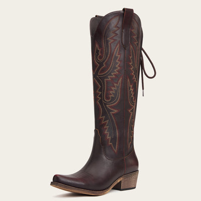 The Withersteen - Mahogany Brown Wide Calf Cowgirl Boots with Bold Embroidery and Lace-Up Back
