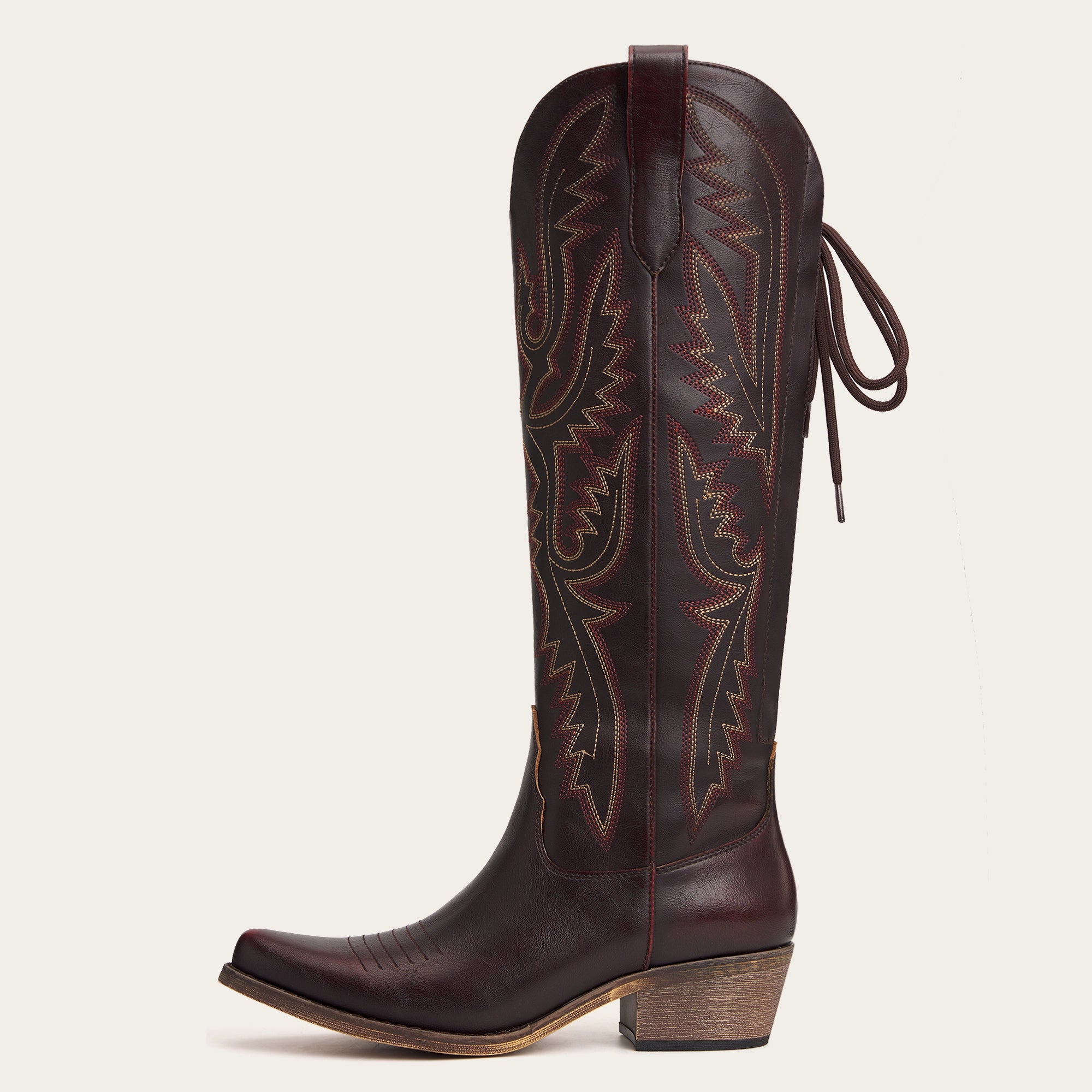 The Withersteen – Mahogany Brown Tall Cowgirl Boots with Bold Embroidery and Lace-Up Back